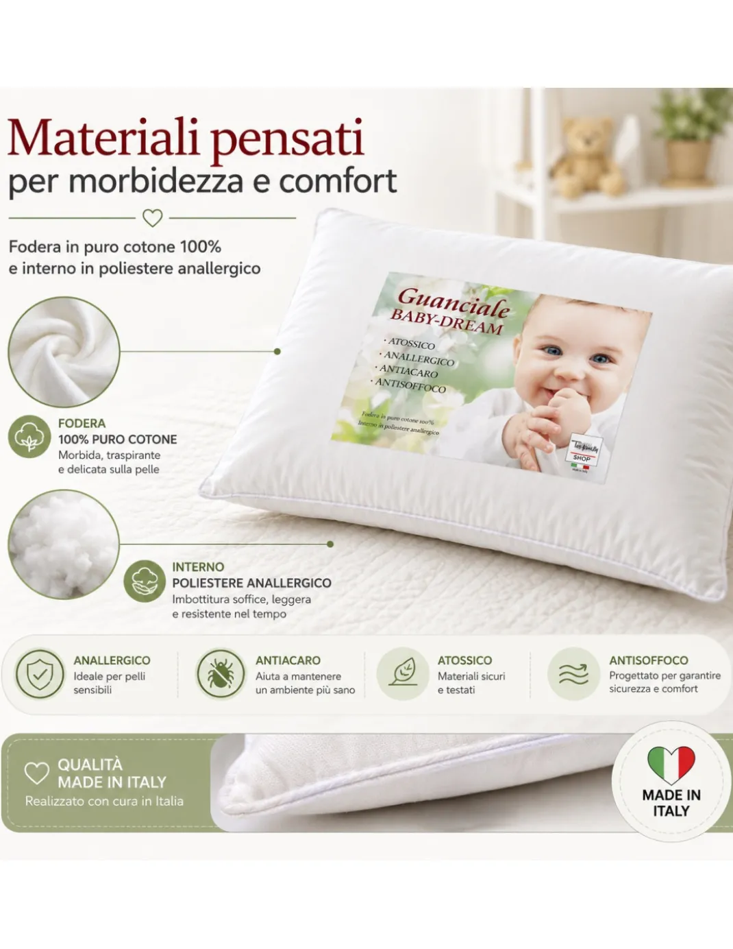 Cuscino Baby Dream Tex family 35x50 cm in Puro Cotone Anallergico Antiacaro