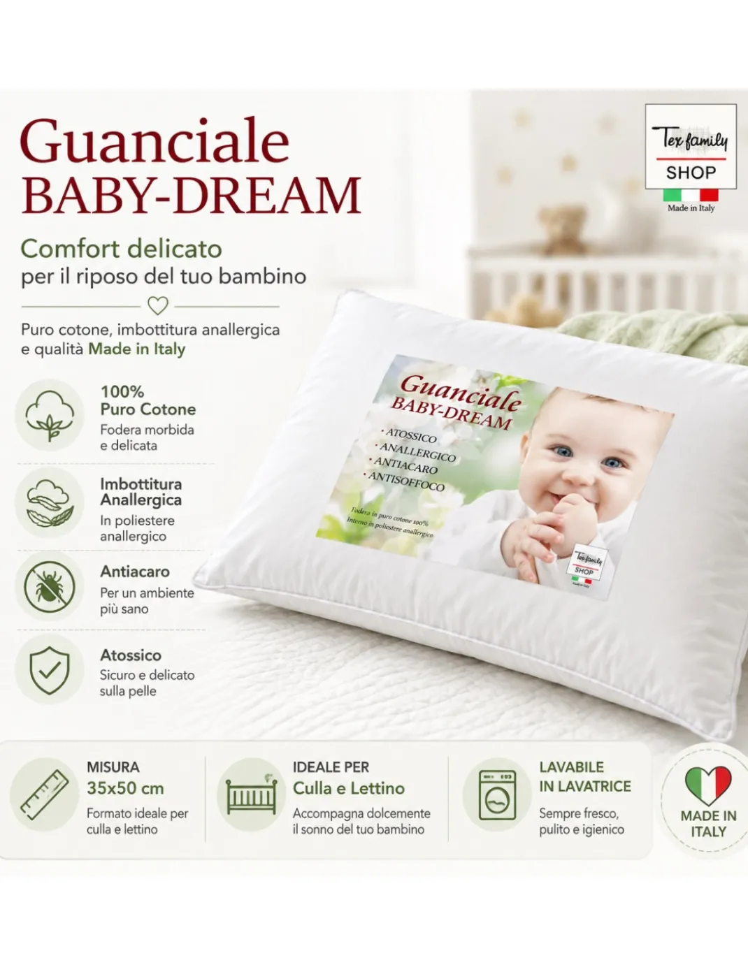 Cuscino Baby Dream Tex family 35x50 cm in Puro Cotone Anallergico Antiacaro