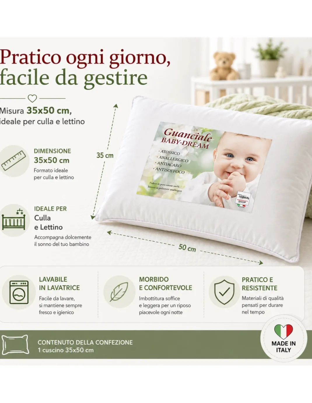 Cuscino Baby Dream Tex family 35x50 cm in Puro Cotone Anallergico Antiacaro