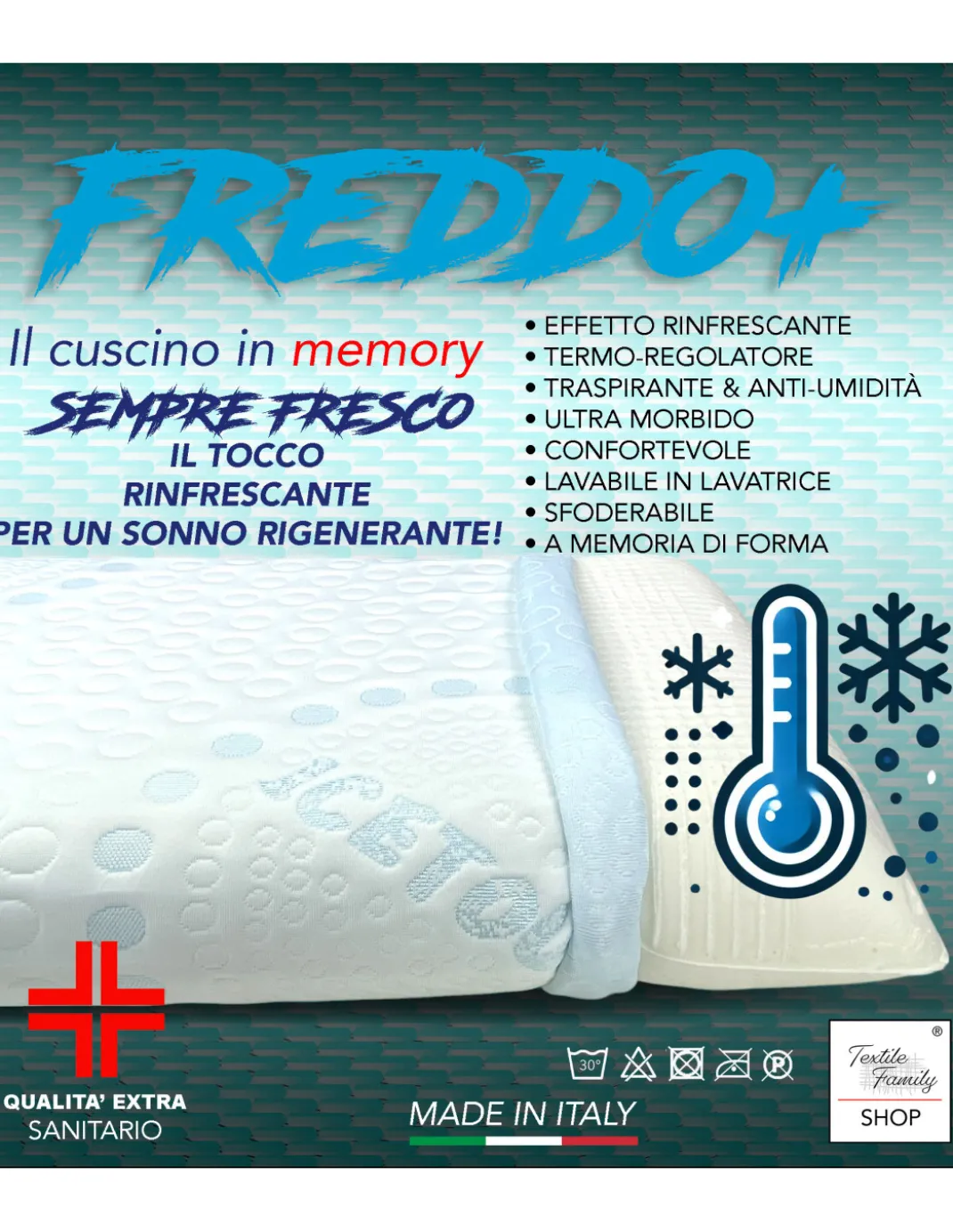 Cuscino Memory Foam FREDDO+ 75×45 cm – Effetto Ice-Touch Rinfrescante – Ergonomico Cervicale – Made in Italy, Sfoderabile