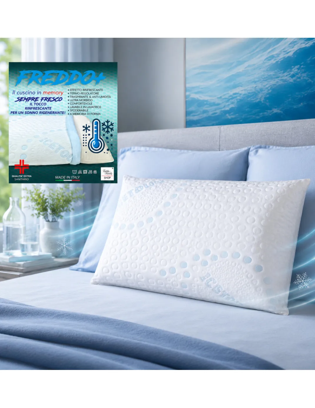 Cuscino Memory Foam FREDDO+ 75×45 cm – Effetto Ice-Touch Rinfrescante – Ergonomico Cervicale – Made in Italy, Sfoderabile