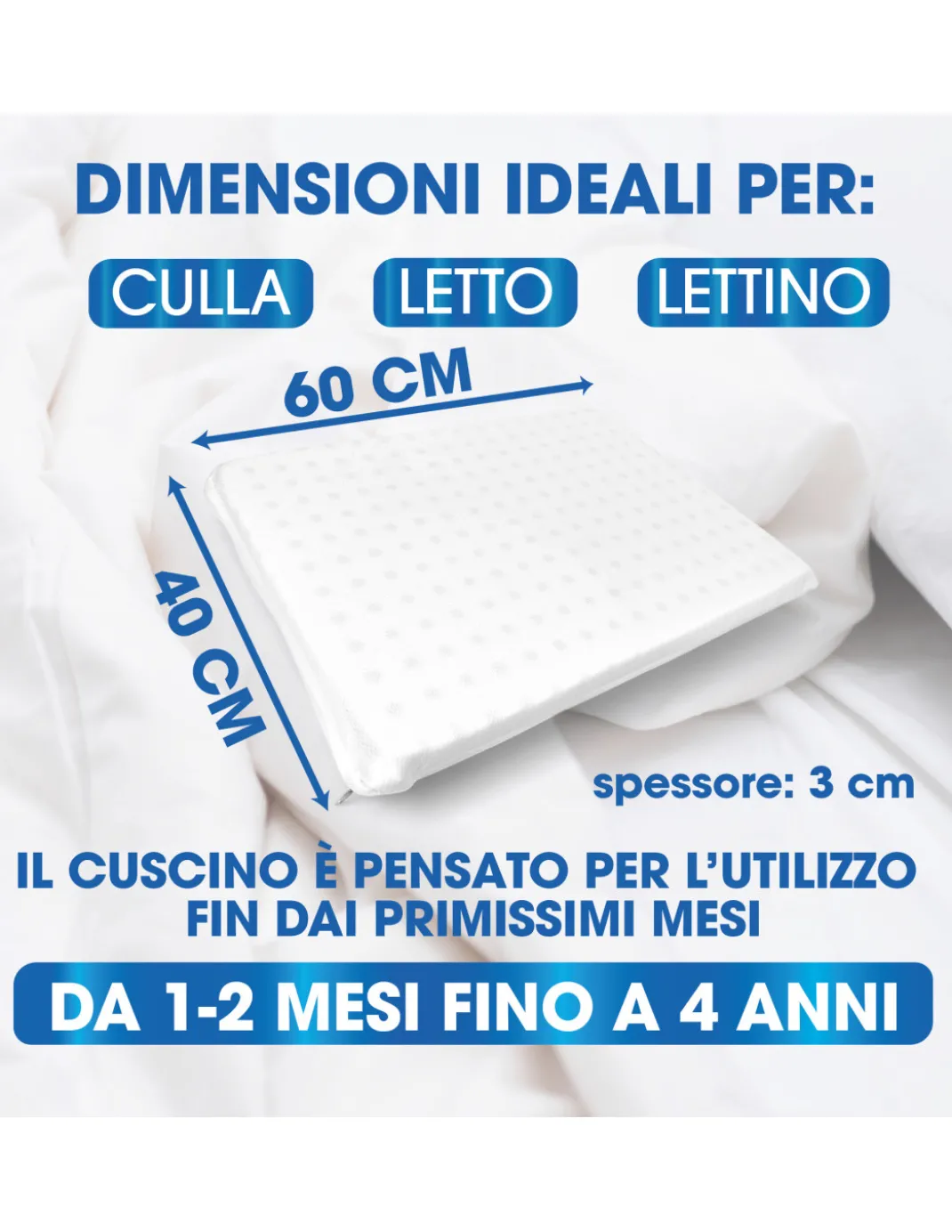 Cuscino Riposino Baby Memory Foam 40x60 cm - Traspirante, Antisoffoco, Sfoderabile - Made in Italy