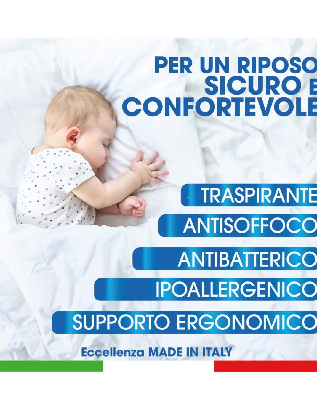 Cuscino Riposino Baby Memory Foam 40x60 cm - Traspirante, Antisoffoco, Sfoderabile - Made in Italy