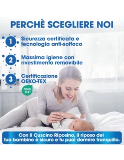 Cuscino Riposino Baby Memory Foam 40x60 cm - Traspirante, Antisoffoco, Sfoderabile - Made in Italy