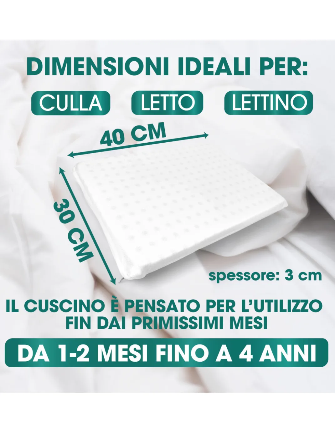 Cuscino Riposino Baby Memory Foam 30x40 cm - Traspirante, Antisoffoco, Sfoderabile - Made in Italy