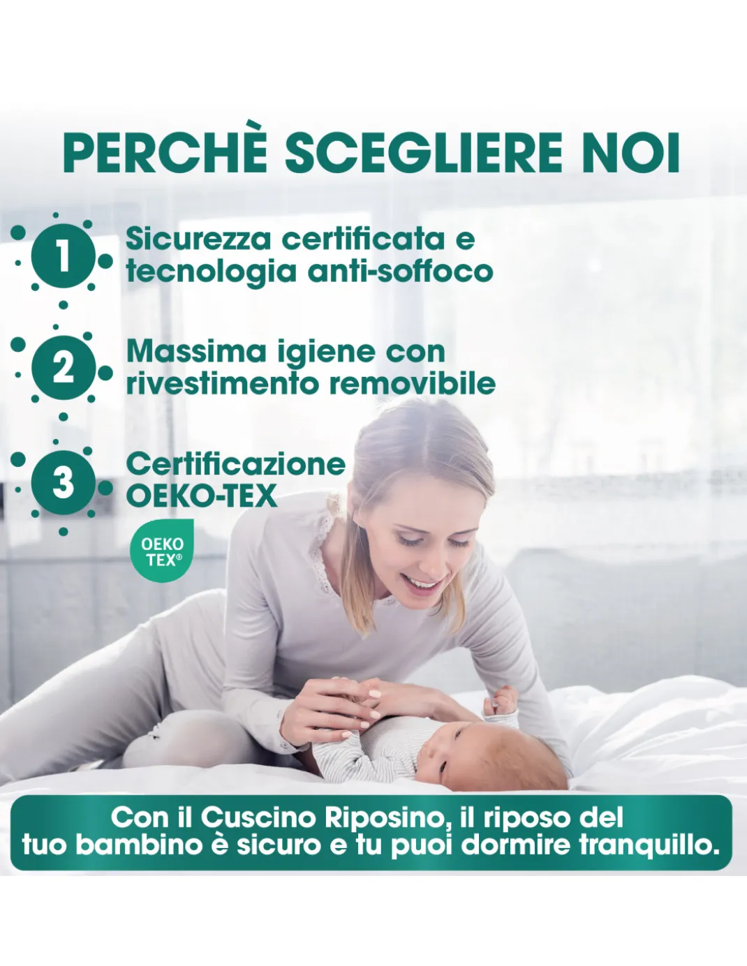 Cuscino Riposino Baby Memory Foam 30x40 cm - Traspirante, Antisoffoco, Sfoderabile - Made in Italy