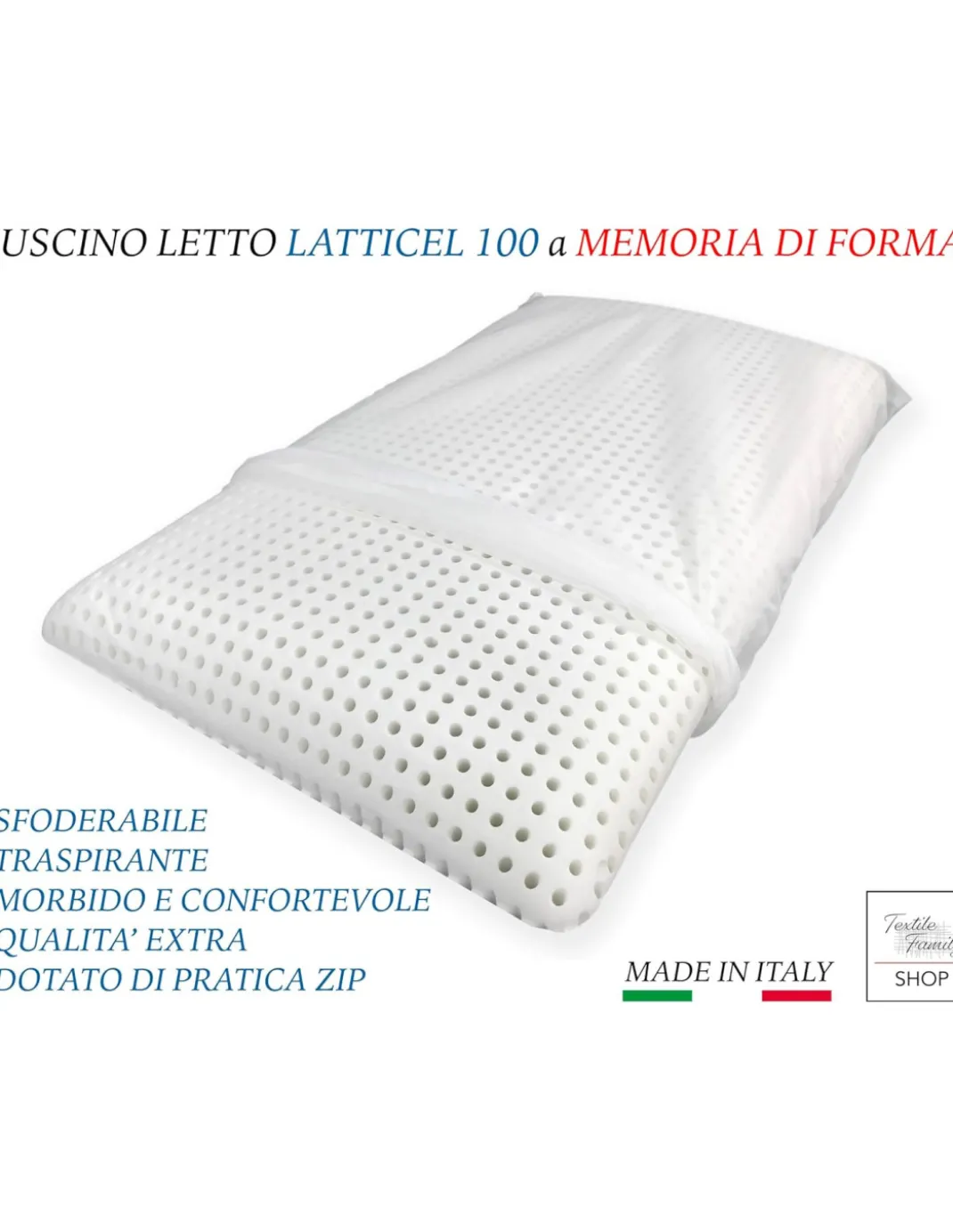 Cuscino viscoelastico Latticel 100, traspirante e anatomico con memoria di forma - Ipoallergenico e morbido, bianco, 45 x 75 cm
