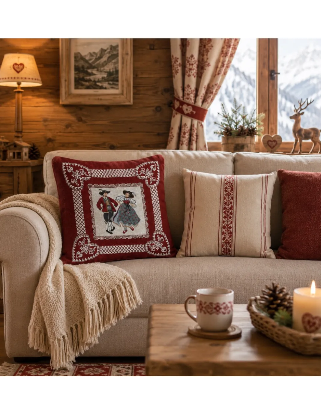Federa Cuscino Arredo Tirolese Alpen 40x40 Ecrù Bordeaux Made in Italy