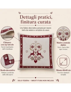 Federa Cuscino Arredo Tirolese 40x40 Cervi e Cuori Ecrù Bordeaux Made in Italy