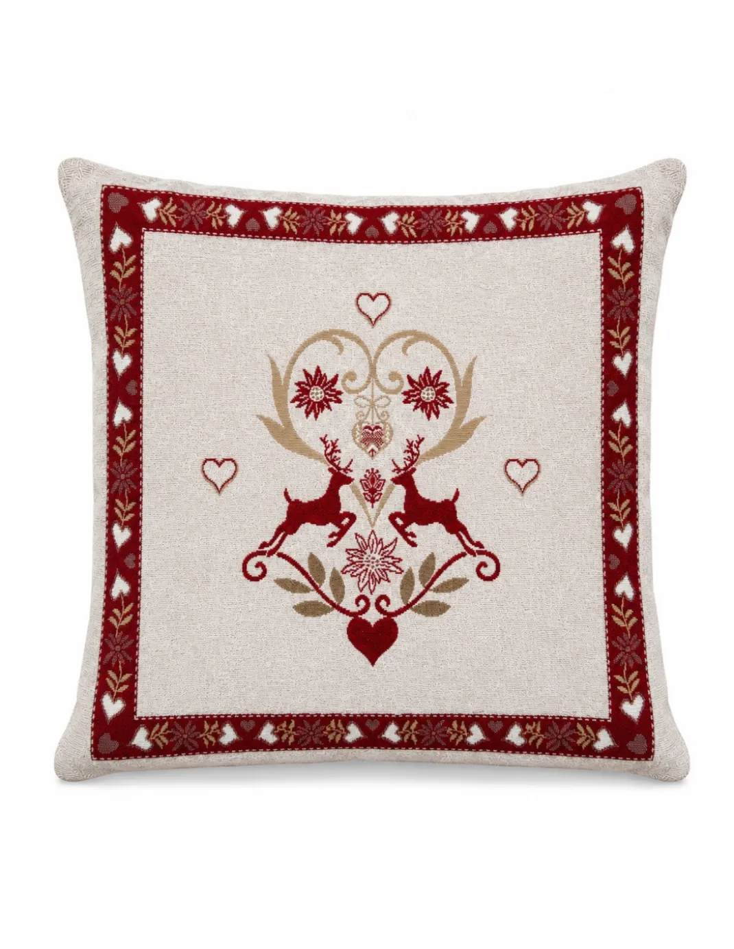 Federa Cuscino Arredo Tirolese 40x40 Cervi e Cuori Ecrù Bordeaux Made in Italy