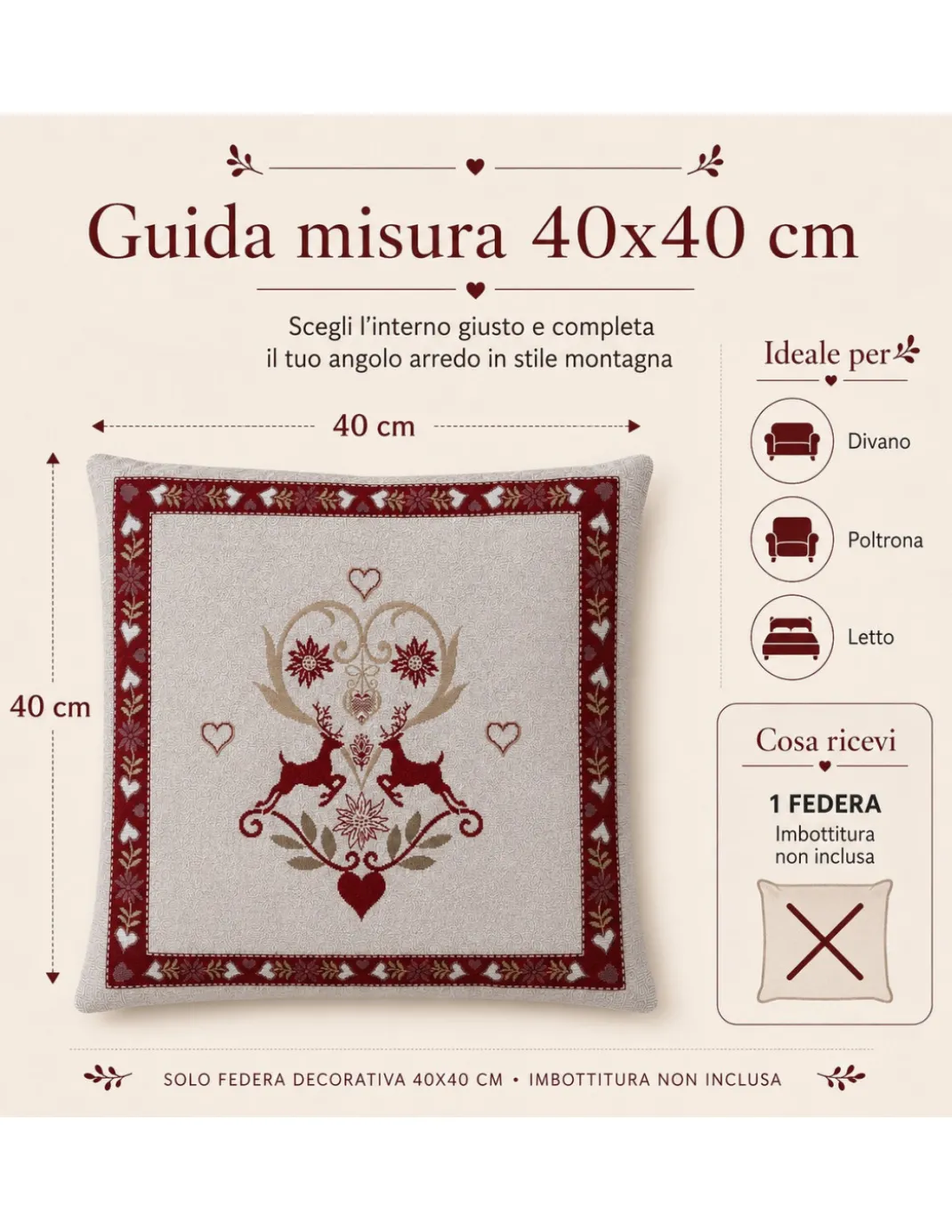 Federa Cuscino Arredo Tirolese 40x40 Cervi e Cuori Ecrù Bordeaux Made in Italy