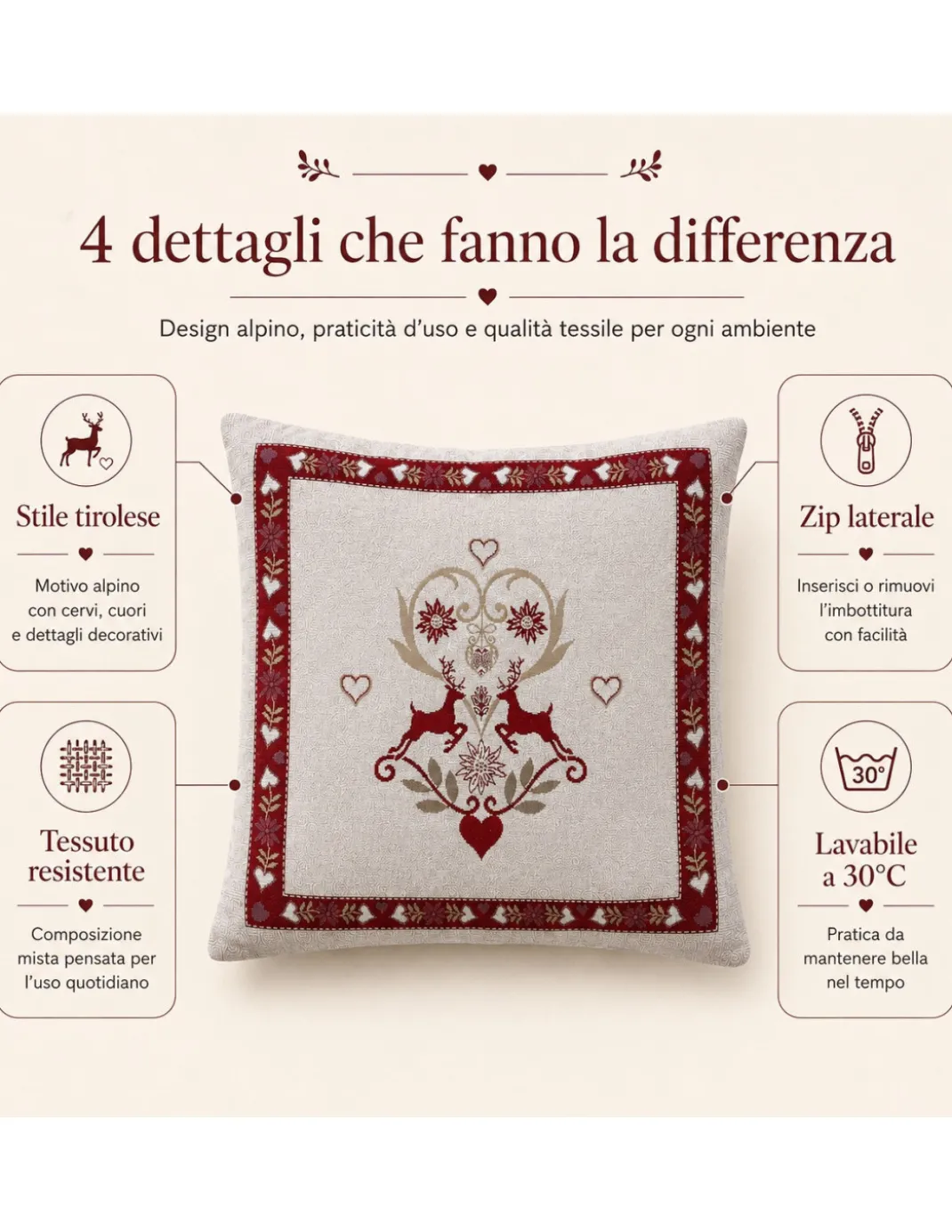 Federa Cuscino Arredo Tirolese 40x40 Cervi e Cuori Ecrù Bordeaux Made in Italy