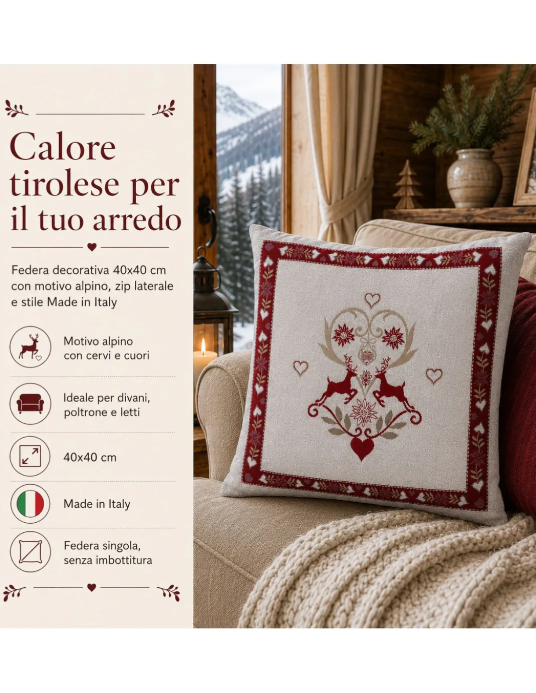 Federa Cuscino Arredo Tirolese 40x40 Cervi e Cuori Ecrù Bordeaux Made in Italy