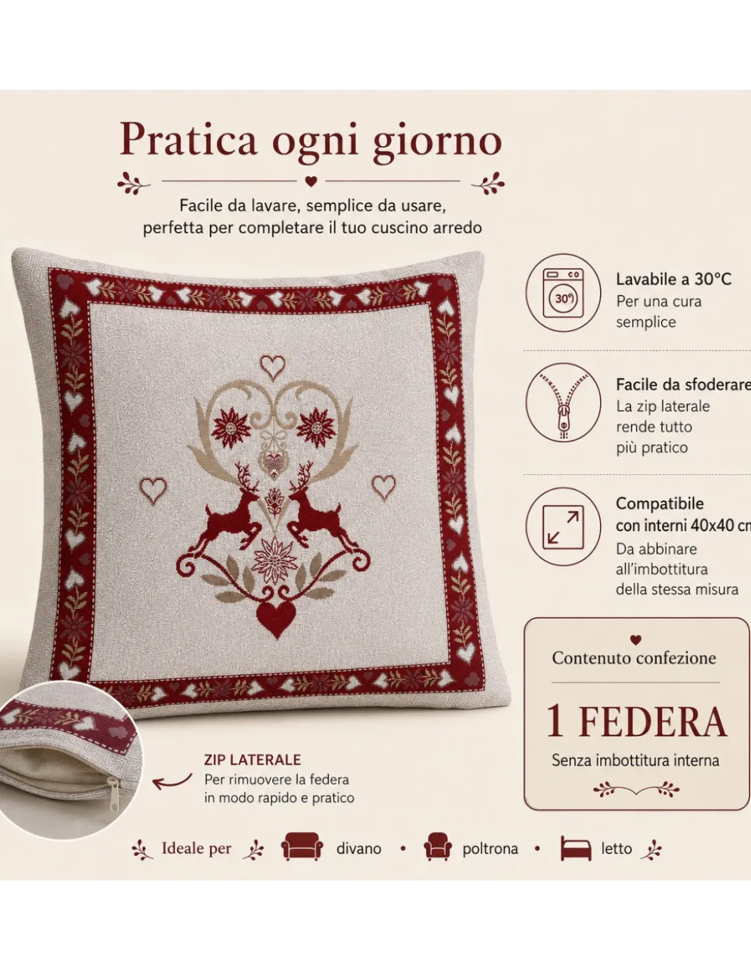 Federa Cuscino Arredo Tirolese 40x40 Cervi e Cuori Ecrù Bordeaux Made in Italy