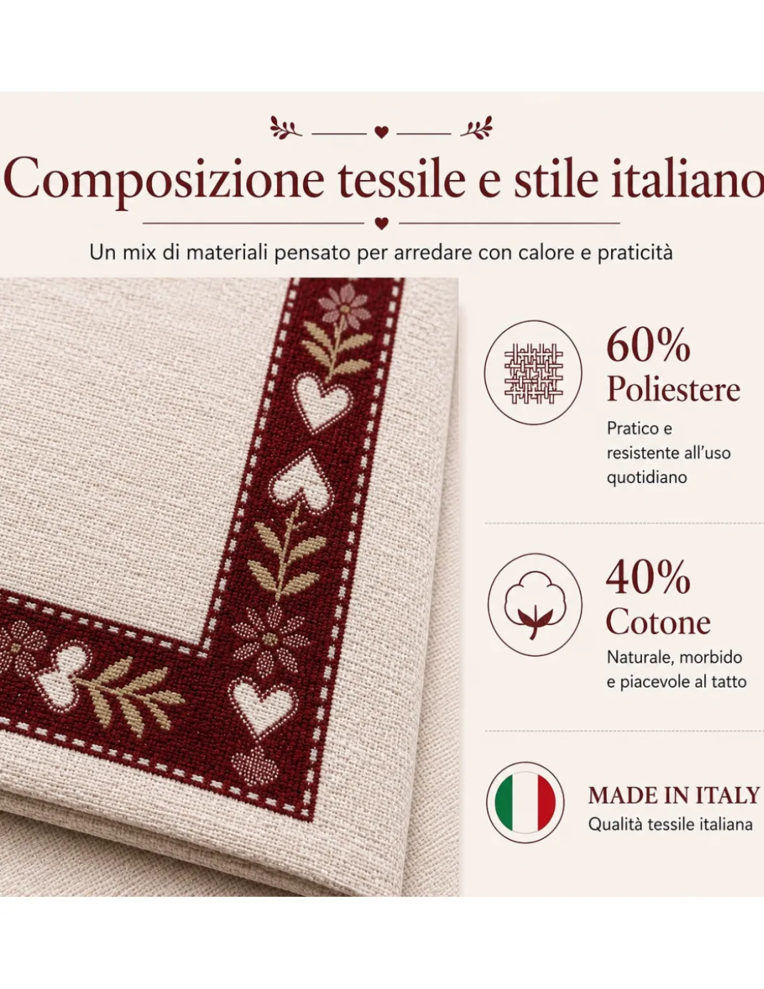 Federa Cuscino Arredo Tirolese 40x40 Cervi e Cuori Ecrù Bordeaux Made in Italy