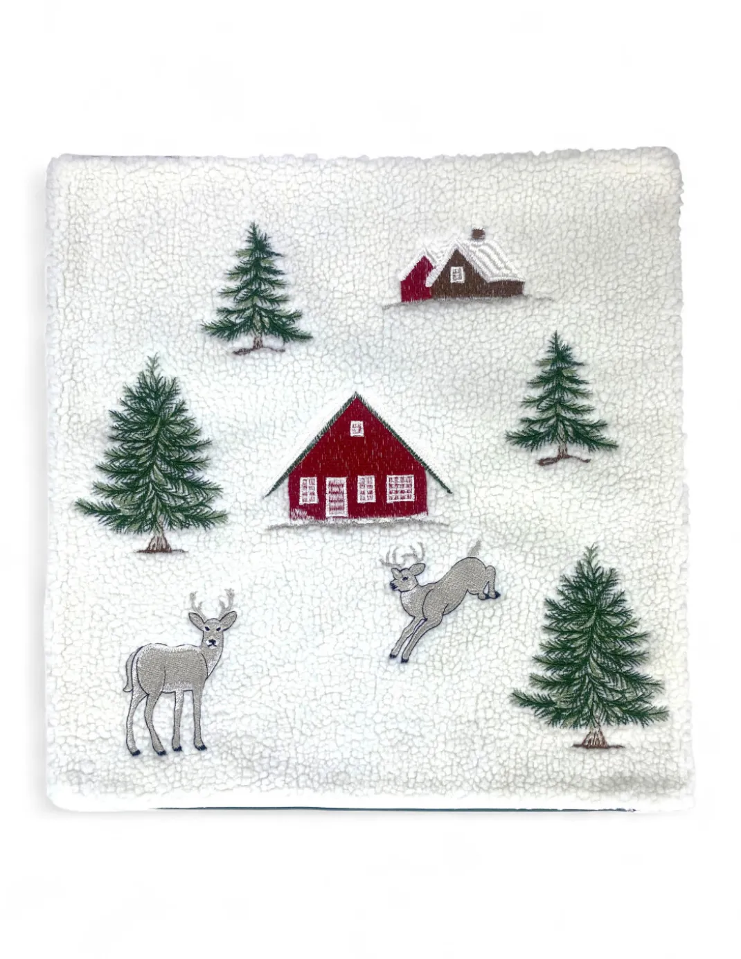 Federa Cuscino Arredo Tirolese con Cervo e Casina - Pile Agnellato Bianco Invernale 40x40 cm - Made in Italy