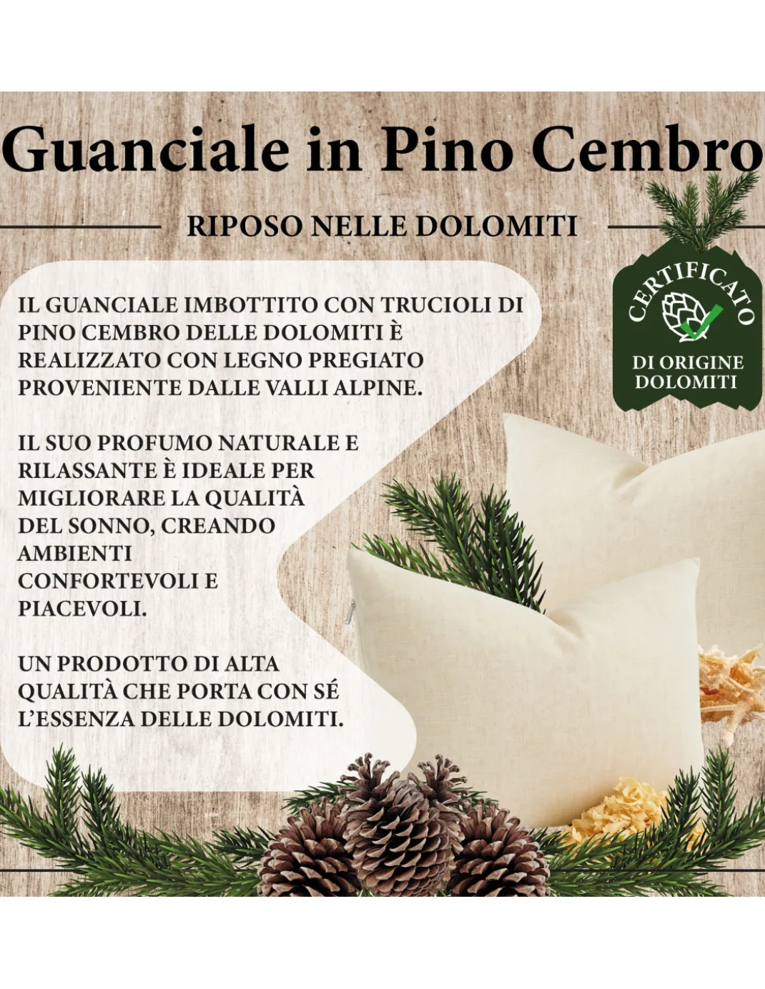 Guanciale Pino Cembro Alto Adige 50x80 - Cuscino Cirmolo Naturale Sonno Profondo - Regolabile, Cotone Grezzo, Relax