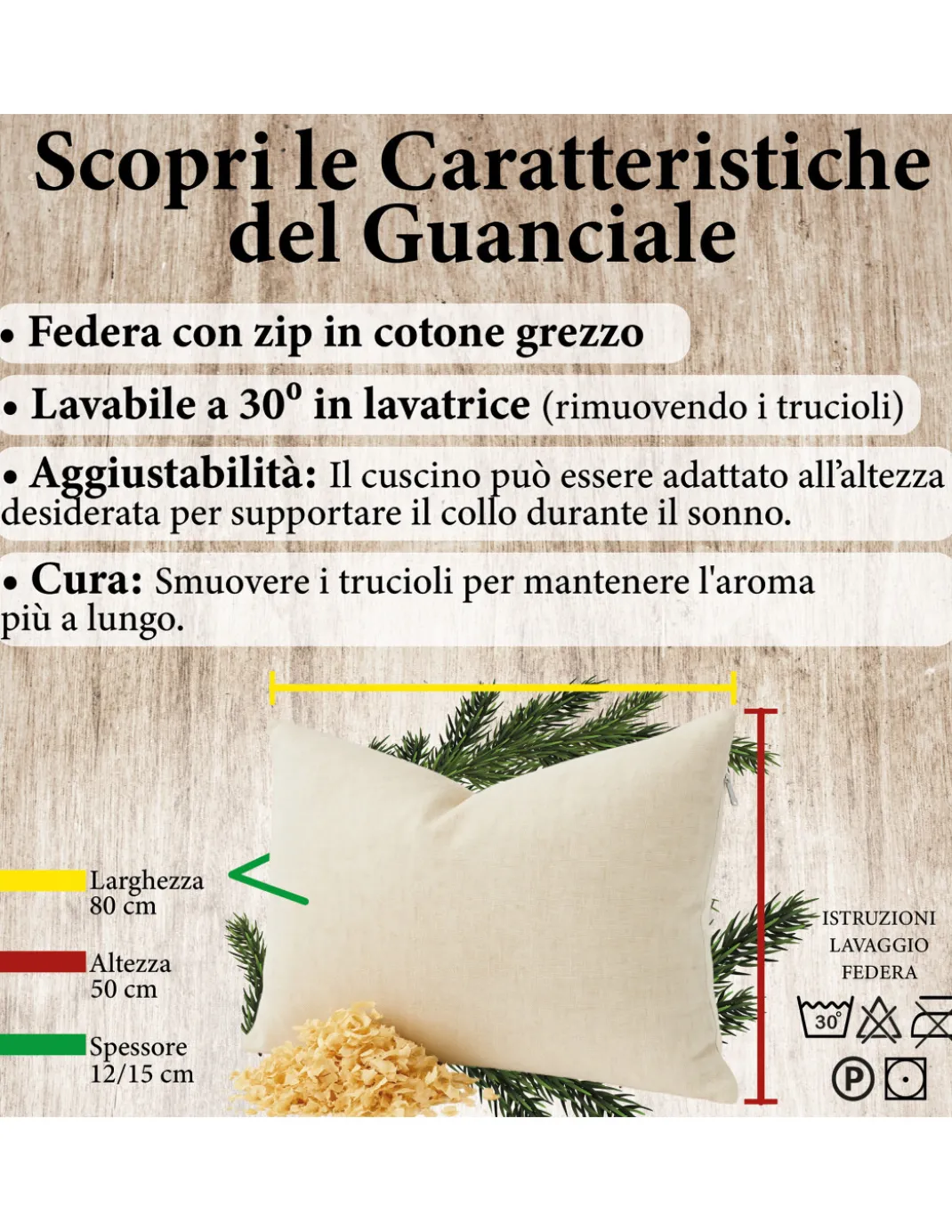 Guanciale Pino Cembro Alto Adige 50x80 - Cuscino Cirmolo Naturale Sonno Profondo - Regolabile, Cotone Grezzo, Relax