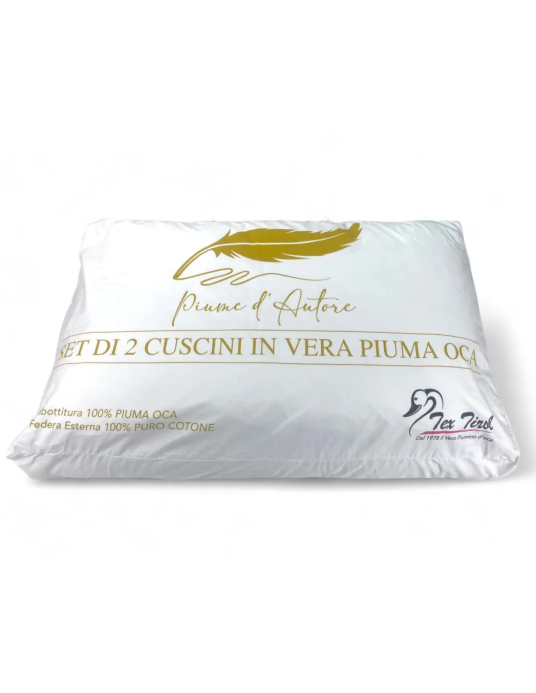 Guanciali Piume d'Autore, Set di 2 Cuscini Letto Matrimoniale Piuma d'Oca 50x80 cm, 1100g, Morbidi, Ipoallergenici e Ergonomici
