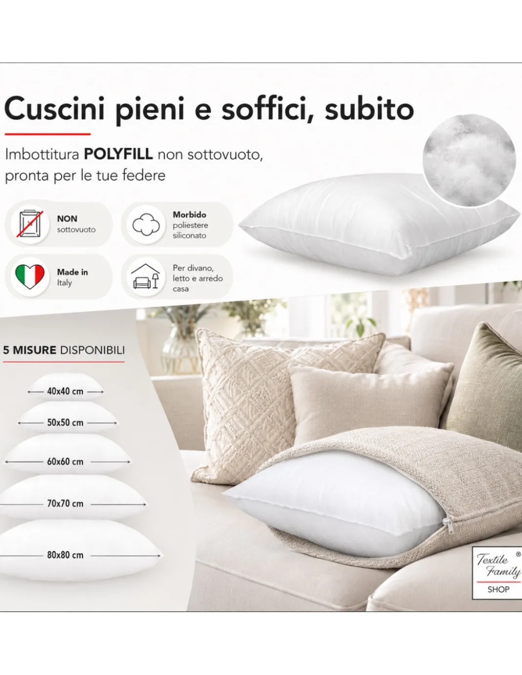 IMBOTTITURA POLYFILL PER CUSCINO INTERNO POLIESTERE TUTTE LE MISURE