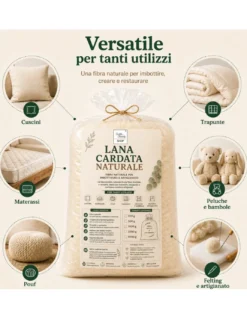 Lana Cardata Naturale per Imbottitura Cuscini, Materassi, Peluche e Artigianato