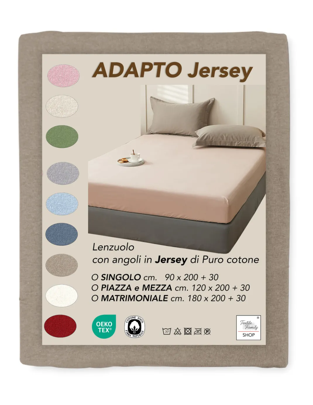 Lenzuola Sotto con Angoli Adapto Jersey Tortora - Cotone Elasticizzato H30cm - Singolo, Piazza e Mezza, Matrimoniale