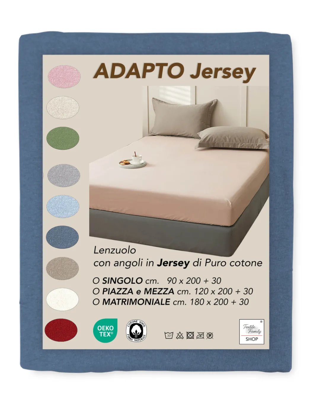Lenzuola Sotto con Angoli Adapto Jersey Blu - Cotone Elasticizzato H30cm - Singolo, Piazza e Mezza, Matrimoniale