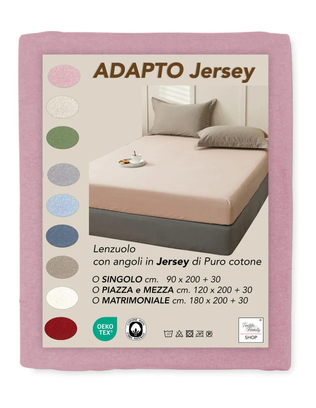 Lenzuola Sotto con Angoli Adapto Jersey Rosa - Cotone Elasticizzato H30cm - Singolo, Piazza e Mezza, Matrimoniale