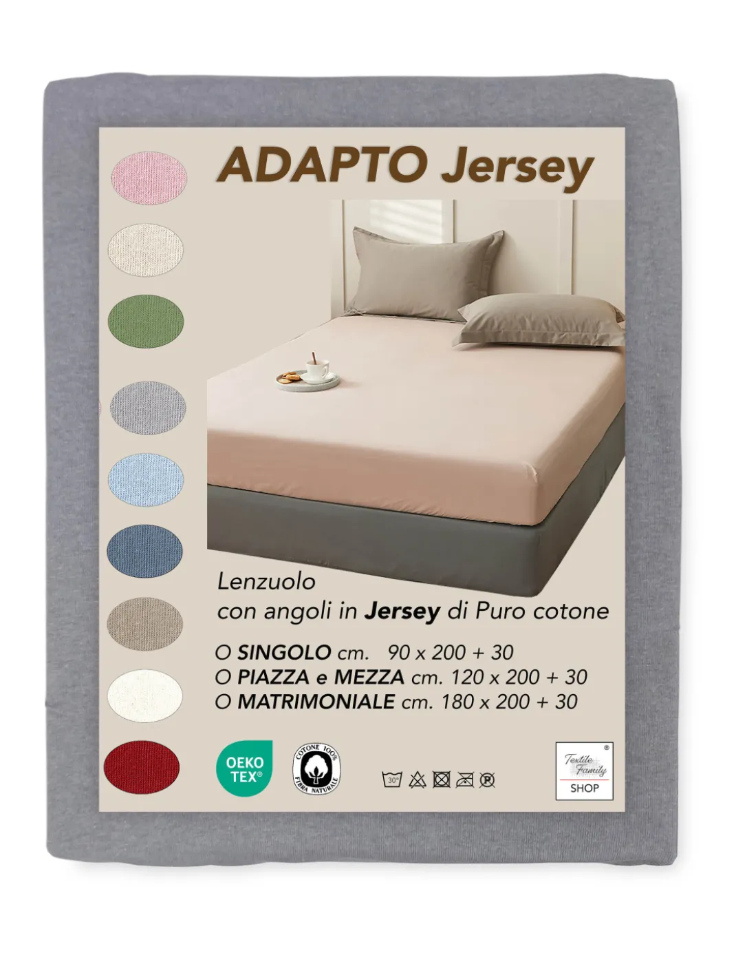 Lenzuola Sotto con Angoli Adapto Jersey Grigio - Cotone Elasticizzato H30cm - Singolo, Piazza e Mezza, Matrimoniale