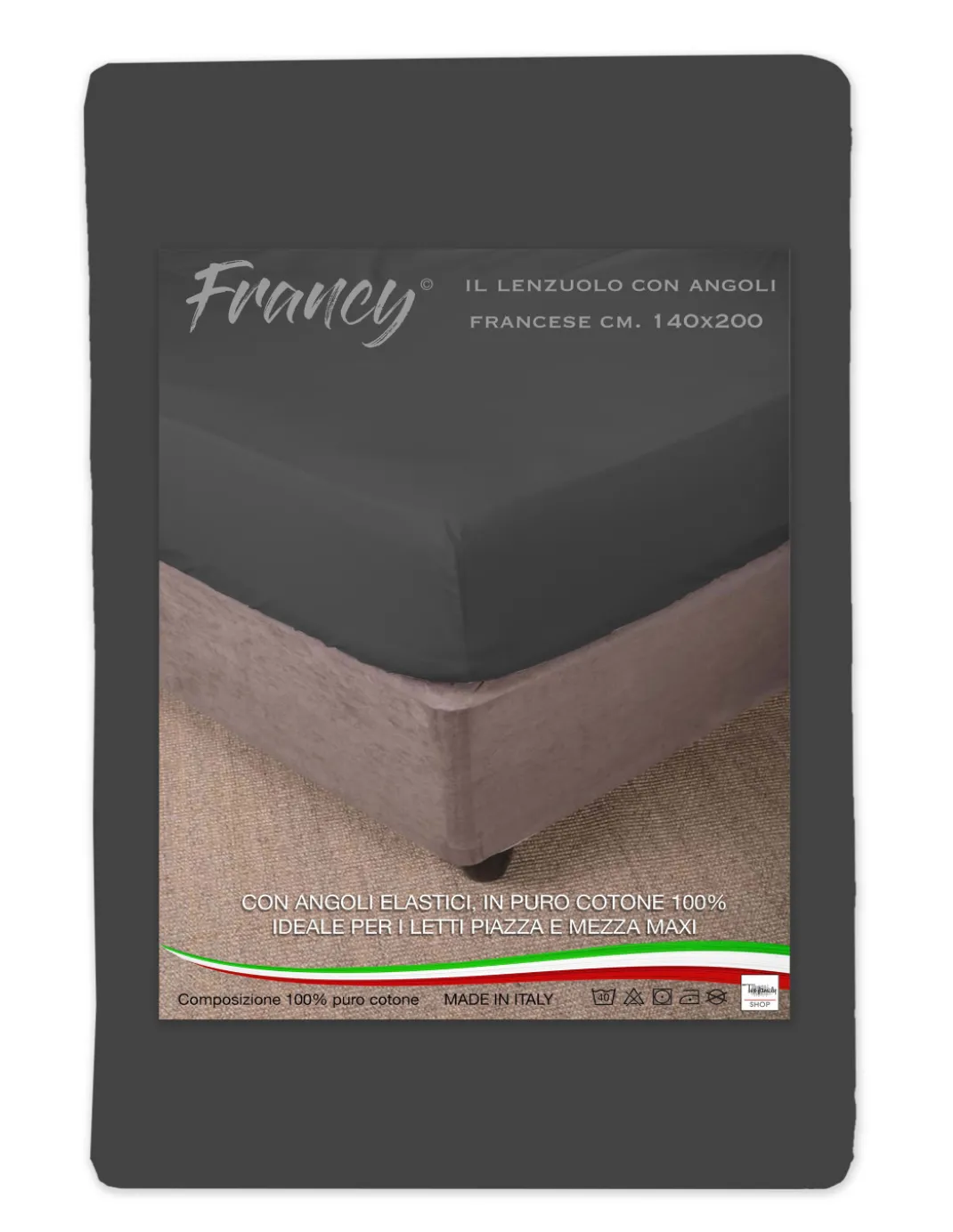 LENZUOLO CON ANGOLI FRANCY GRIGIO SCURO FRANCESE 1 PIAZZA E MEZZA GRANDE MAXI