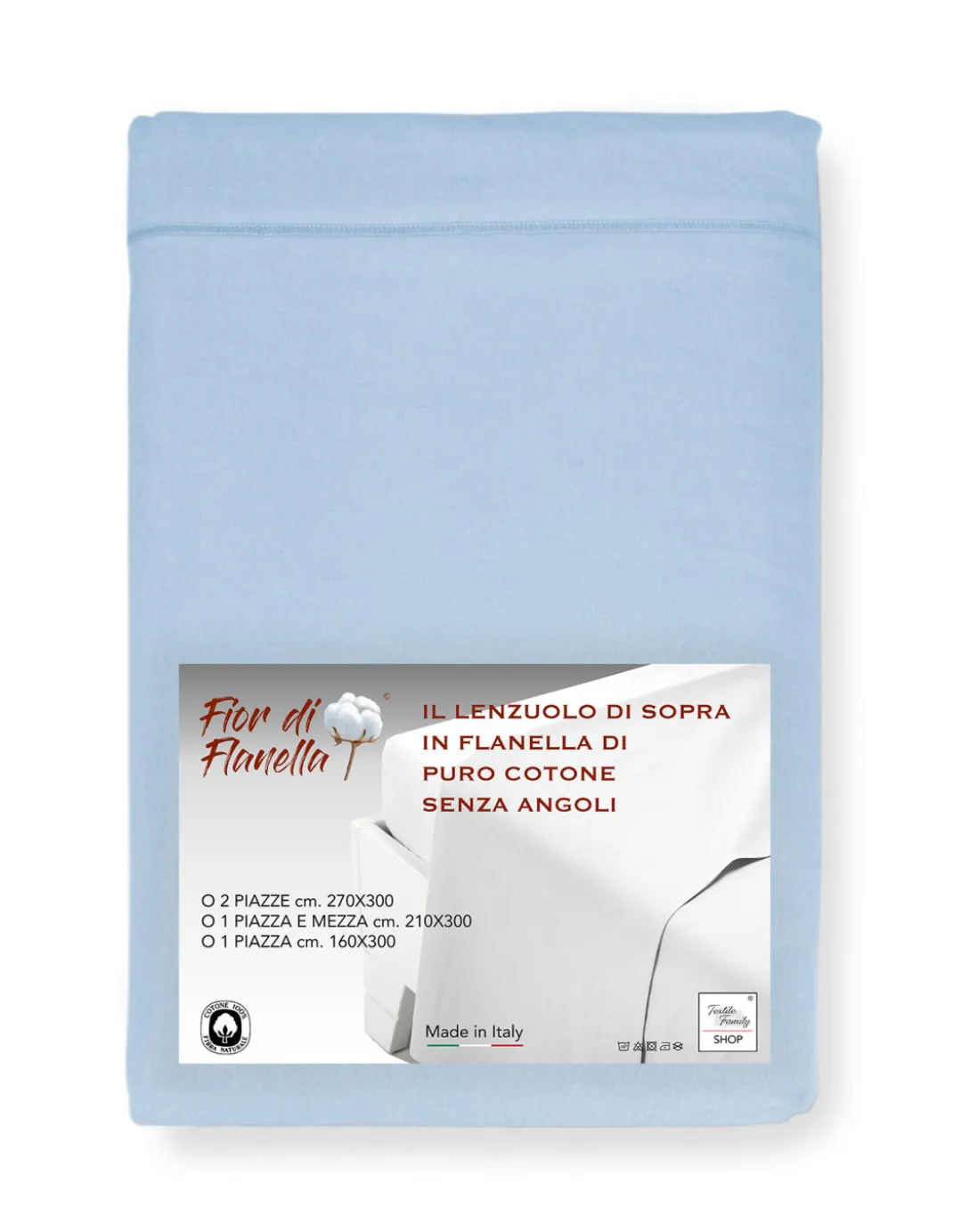 Lenzuolo Sopra in Flanella Senza Angoli Colore Azzurro - Puro Cotone Morbido | Made in Italy | Per Materassi Maxi e Fuori Misura