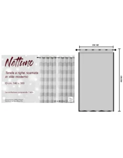 Nettuno Ricamata a Righe 140x300 cm Grigio con Lurex - Stile Moderno - Poliestere Semitrasparente con Anelli