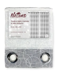 Nettuno Ricamata a Righe 140x300 cm Grigio con Lurex - Stile Moderno - Poliestere Semitrasparente con Anelli​