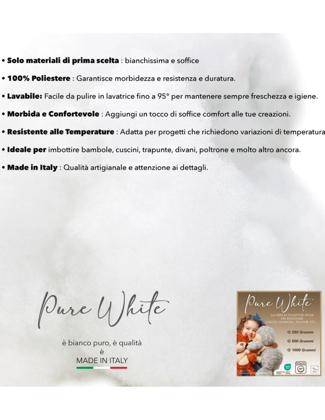 Ovatta Morbida e fioccata 100% Poliestere Made in Italy per riempimento di Bambole, Cuscini e Creazioni Fai da Te, Pure White