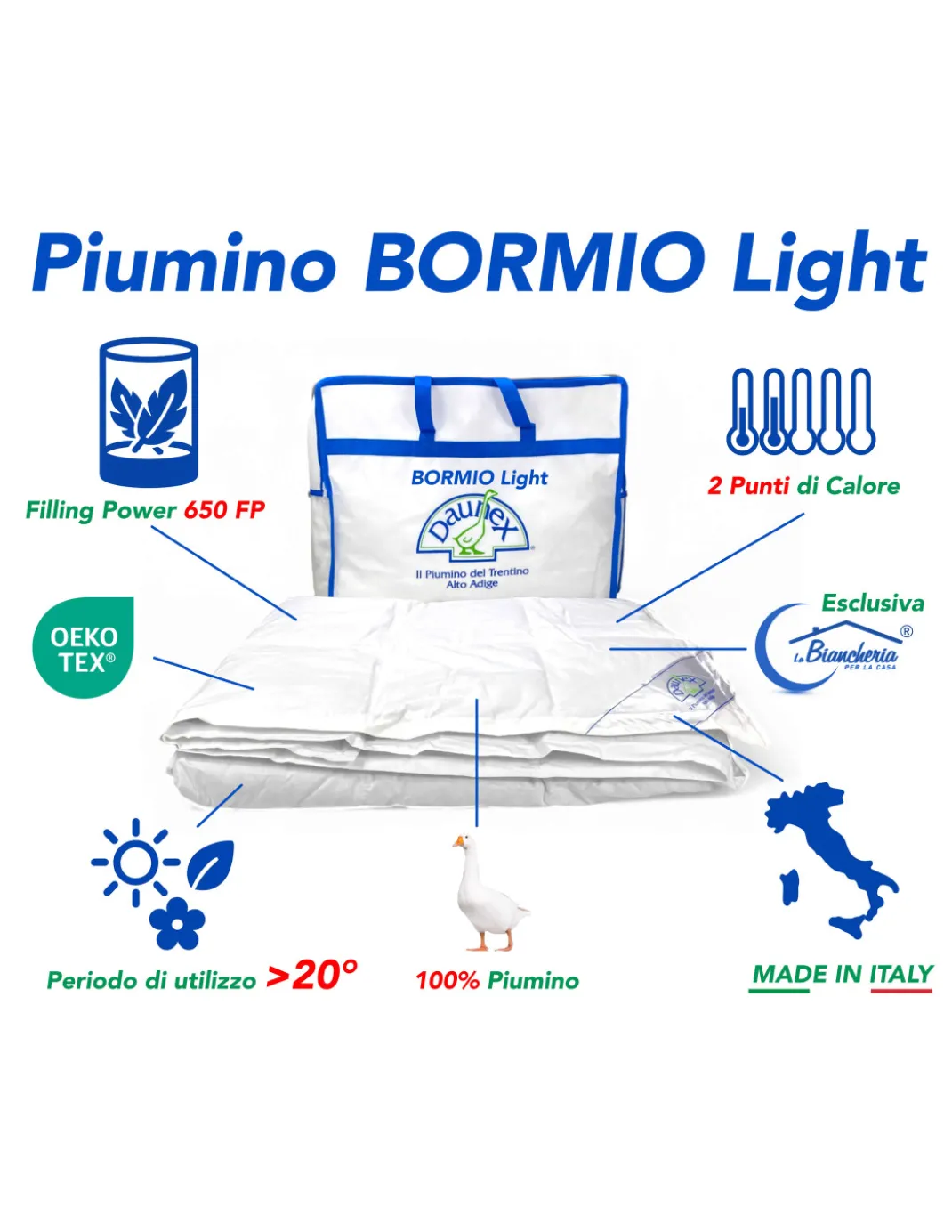 Piumino BORMIO Light by Daunex - Mezza Stagione, 100% Piumino Oca, Cotone Bianco, Filling Power 650, Made in Italy