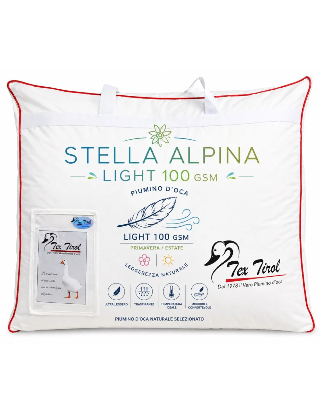 Piumino d’Oca Estivo Matrimoniale Tex Tirol Stella Alpina Light 100 GSM, 100% Piumino Extra Fine, Cotone 100%, 2** Light