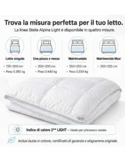 Piumino d’Oca Estivo Tex Tirol Stella Alpina Light 100 GSM, 100% Piumino Extra Fine, Cotone 100%, 2** Light