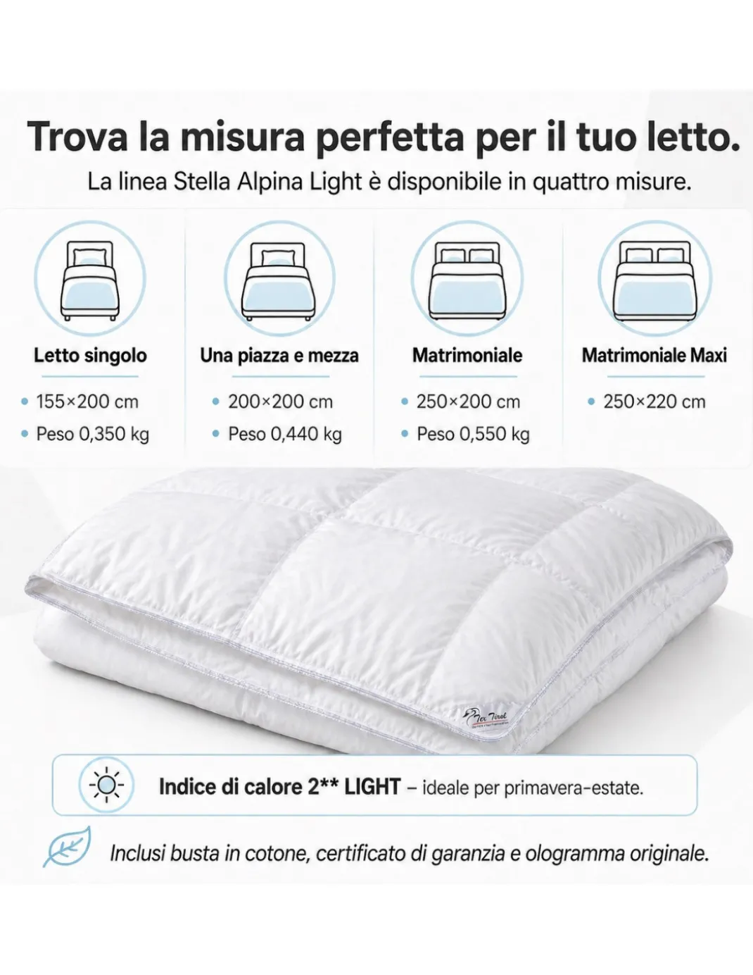 Piumino d’Oca Estivo Tex Tirol Stella Alpina Light 100 GSM, 100% Piumino Extra Fine, Cotone 100%, 2** Light