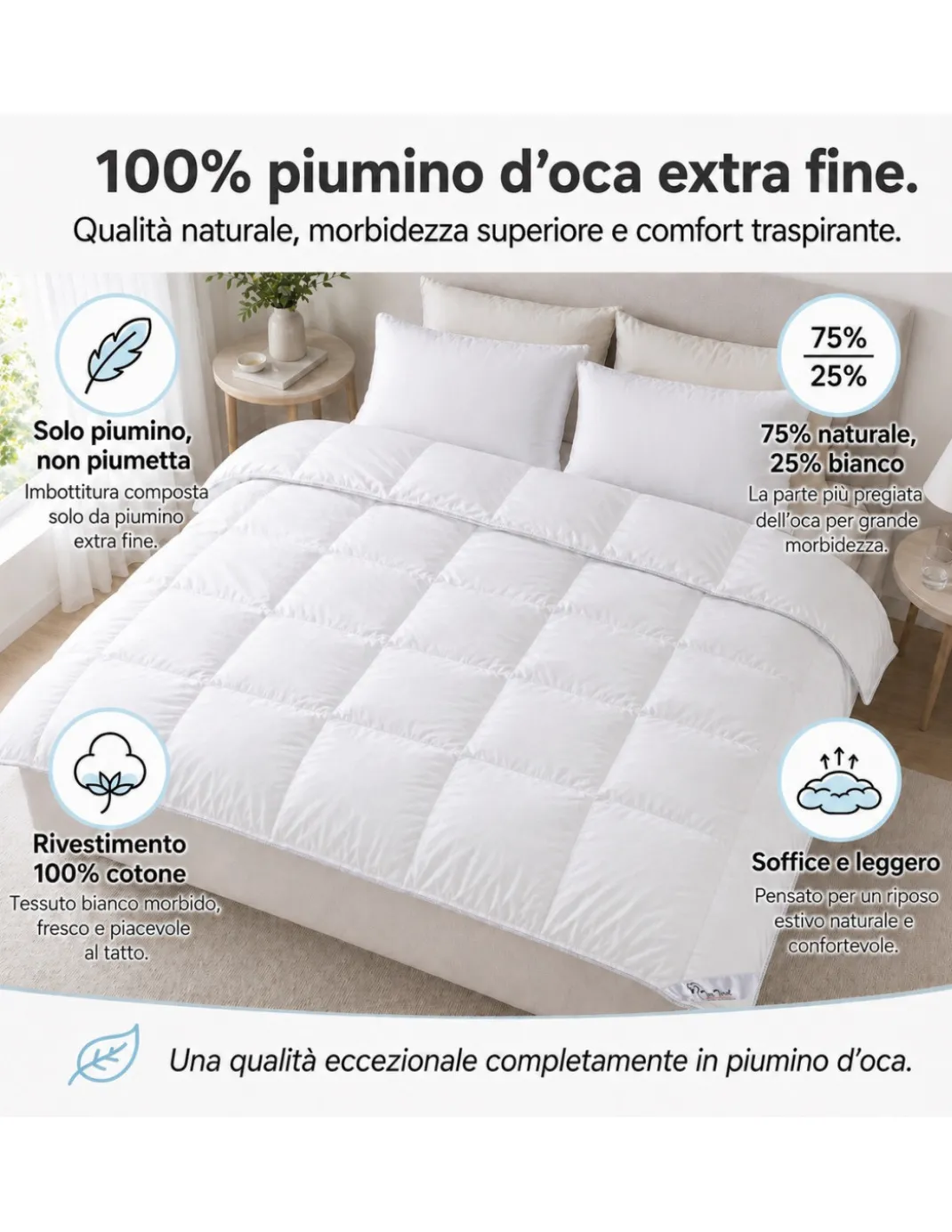 Piumino d’Oca Estivo Tex Tirol Stella Alpina Light 100 GSM, 100% Piumino Extra Fine, Cotone 100%, 2** Light