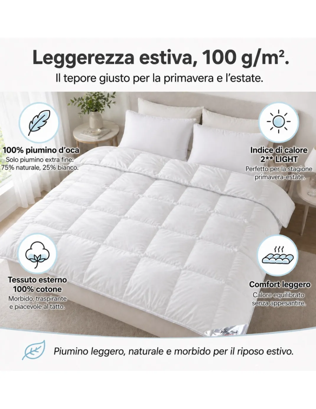 Piumino d’Oca Estivo Tex Tirol Stella Alpina Light 100 GSM, 100% Piumino Extra Fine, Cotone 100%, 2** Light