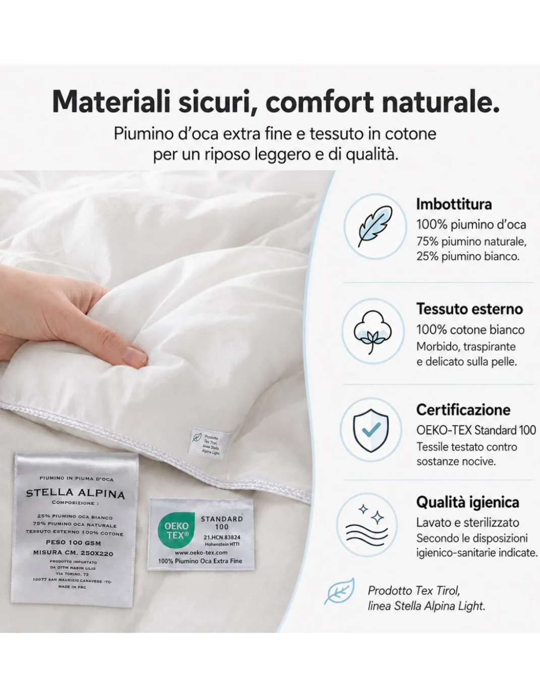Piumino d’Oca Estivo Tex Tirol Stella Alpina Light 100 GSM, 100% Piumino Extra Fine, Cotone 100%, 2** Light