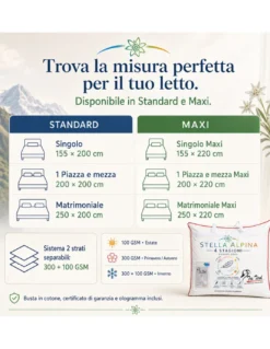 Piumino d’Oca 4 Stagioni Matrimoniale 250x200 Tex Tirol Stella Alpina, 2 Strati 300+100 GSM, 100% Piumino