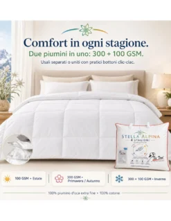 Piumino d’Oca 4 Stagioni Matrimoniale 250x200 Tex Tirol Stella Alpina, 2 Strati 300+100 GSM, 100% Piumino