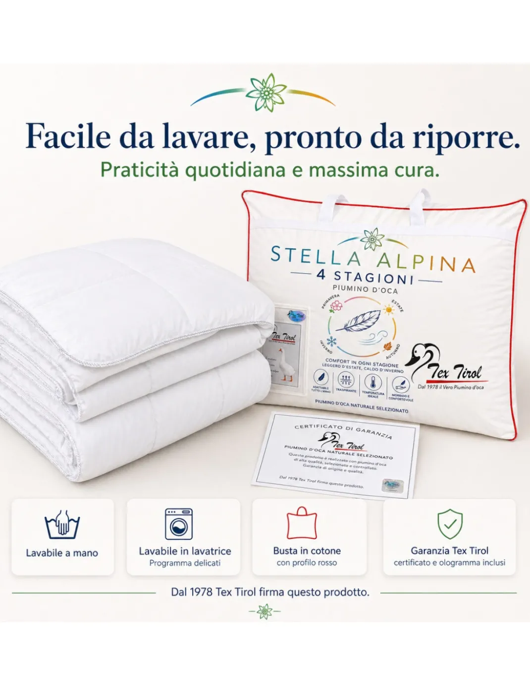 Piumino d’Oca 4 Stagioni Tex Tirol Stella Alpina, 2 Strati 300+100 GSM, 100% Piumino Extra Fine, Cotone 100%