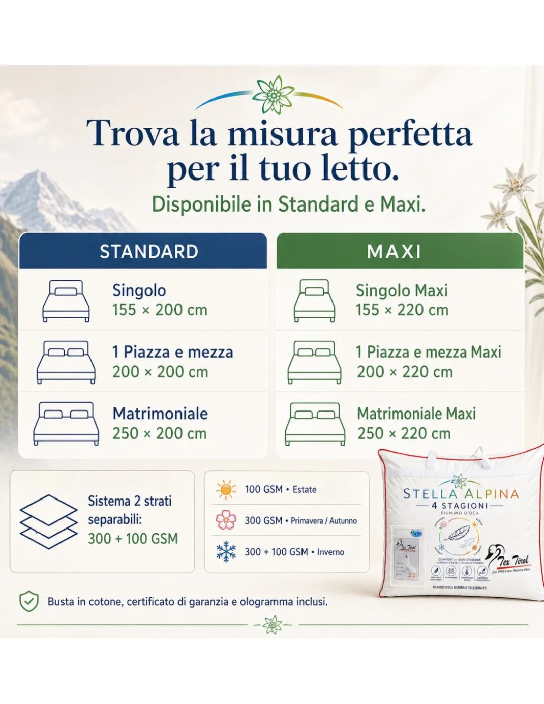Piumino d’Oca 4 Stagioni Tex Tirol Stella Alpina, 2 Strati 300+100 GSM, 100% Piumino Extra Fine, Cotone 100%