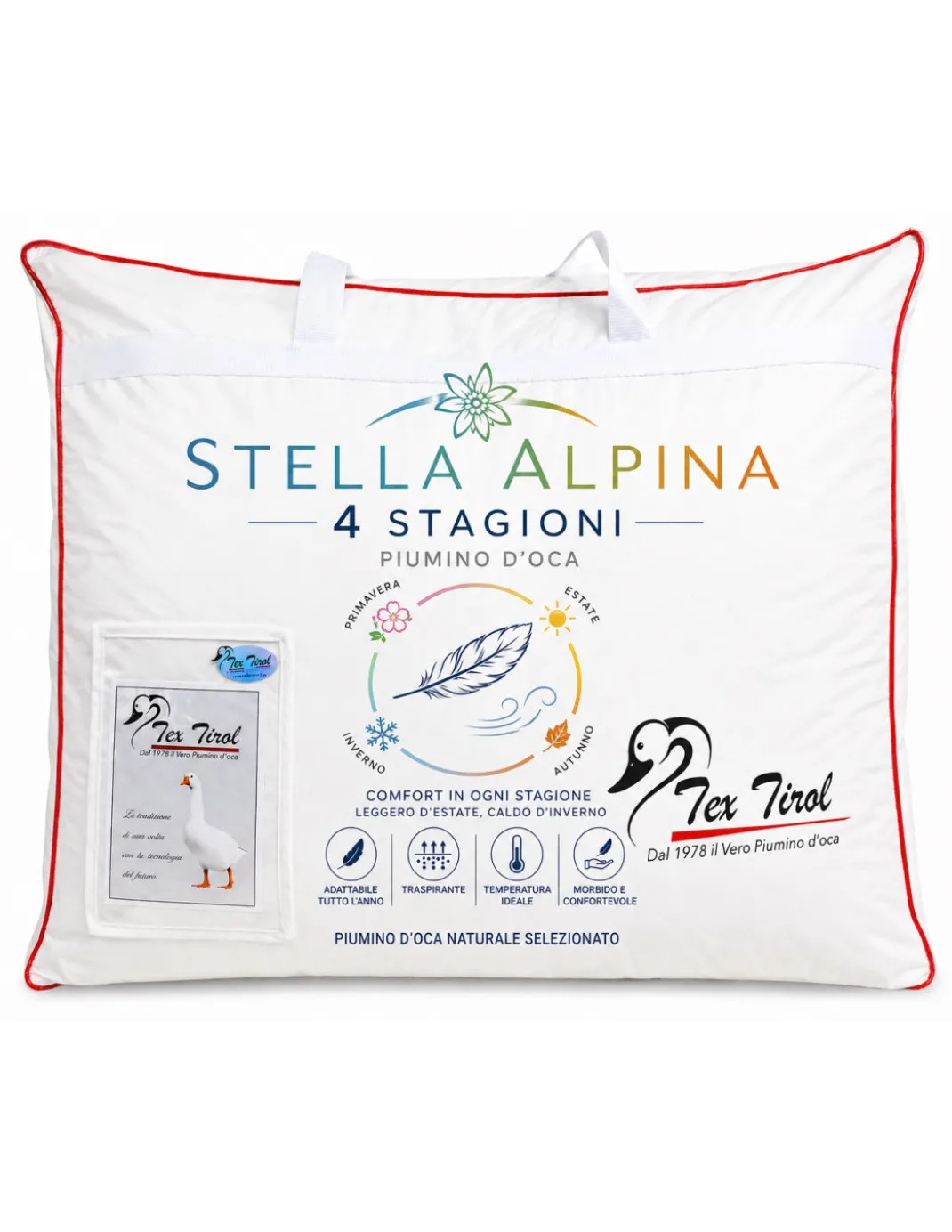 Piumino d’Oca 4 Stagioni Tex Tirol Stella Alpina, 2 Strati 300+100 GSM, 100% Piumino Extra Fine, Cotone 100%