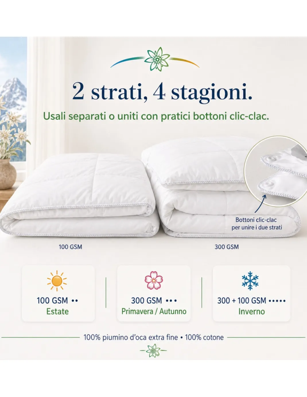 Piumino d’Oca 4 Stagioni Tex Tirol Stella Alpina, 2 Strati 300+100 GSM, 100% Piumino Extra Fine, Cotone 100%