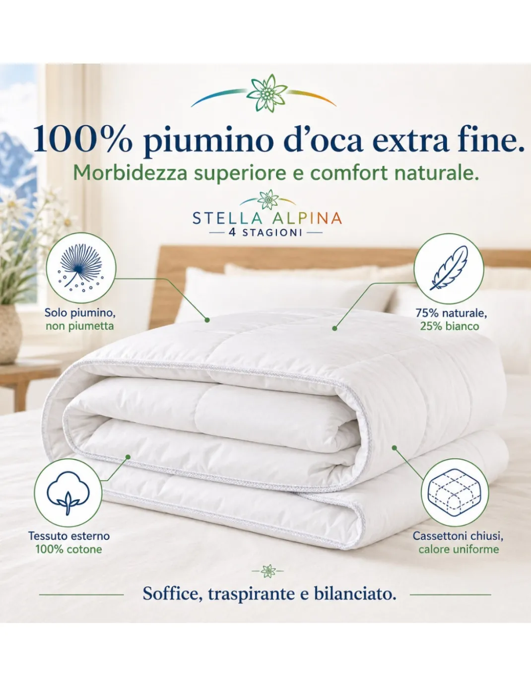 Piumino d’Oca 4 Stagioni Tex Tirol Stella Alpina, 2 Strati 300+100 GSM, 100% Piumino Extra Fine, Cotone 100%