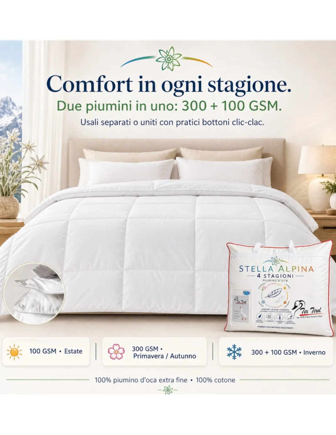 Piumino d’Oca 4 Stagioni Tex Tirol Stella Alpina, 2 Strati 300+100 GSM, 100% Piumino Extra Fine, Cotone 100%