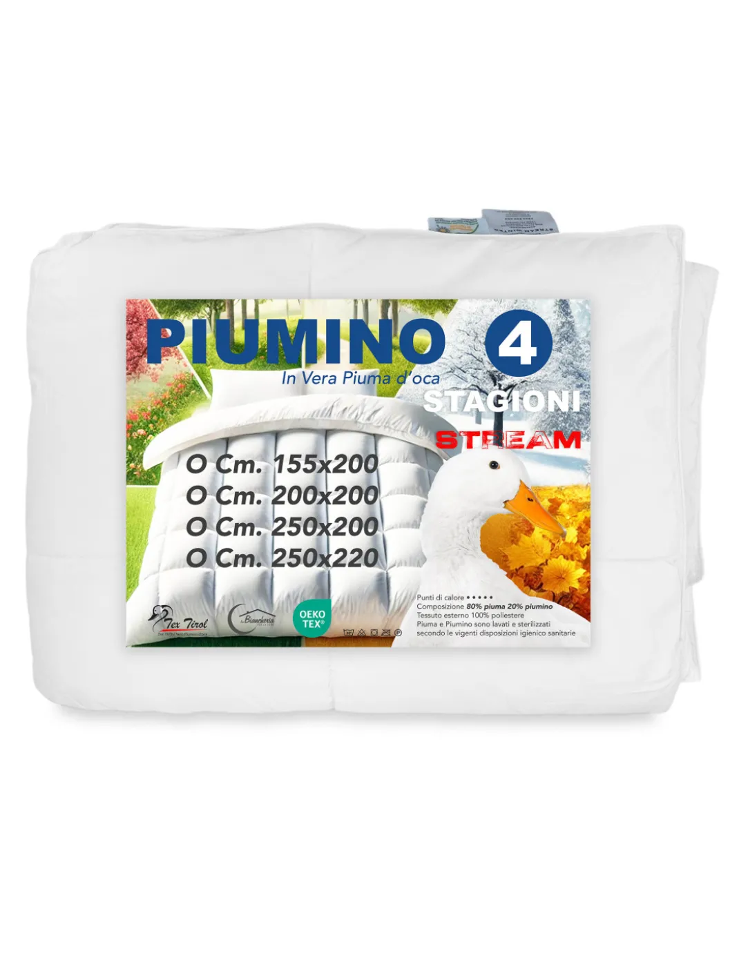 Piumino d’Oca Stream 4 Stagioni - Trapunta Letto Caldo Leggero - 80% Piuma, 20% Piumino - Singolo e Matrimoniale